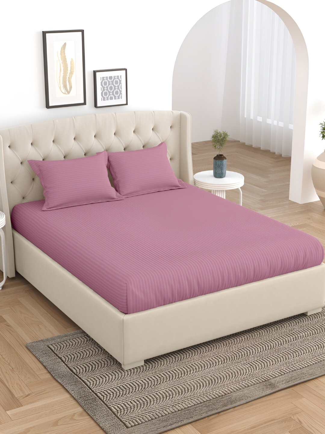 

Salona Bichona Pink Striped 180 TC Pure Cotton Queen Bedsheet with 2 Pillow Covers