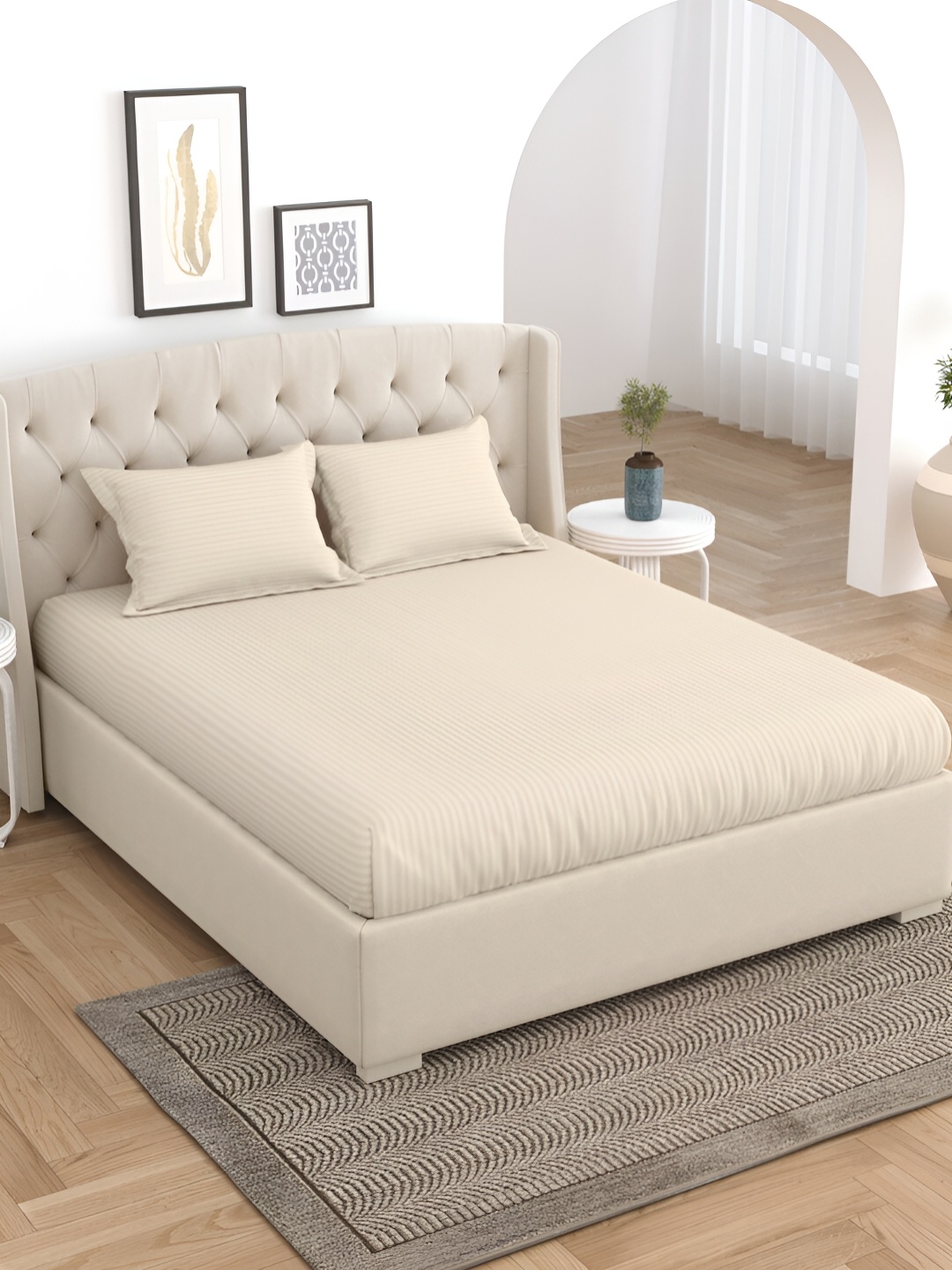 

Salona Bichona Cream-Coloured Striped 180 TC Queen Bedsheet with 2 Pillow Covers