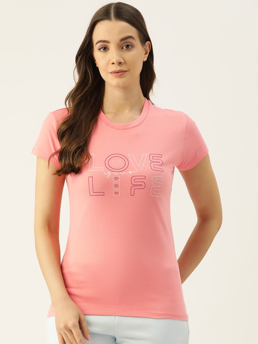 

ETC Women Typography Printed Lounge T-shirt, Peach