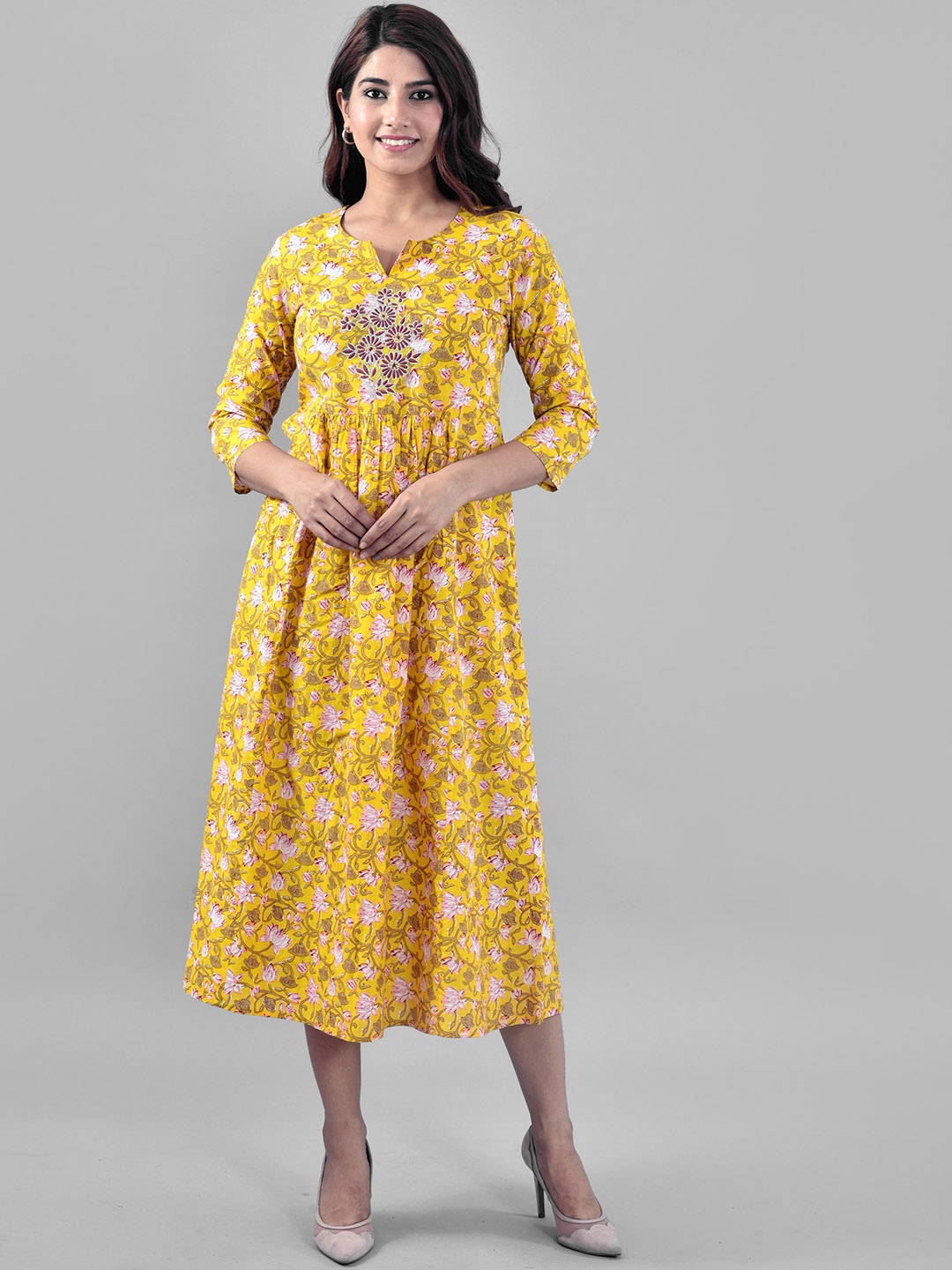 

AAYUMI Floral Embroidery Printed Anarkali Kurta, Yellow