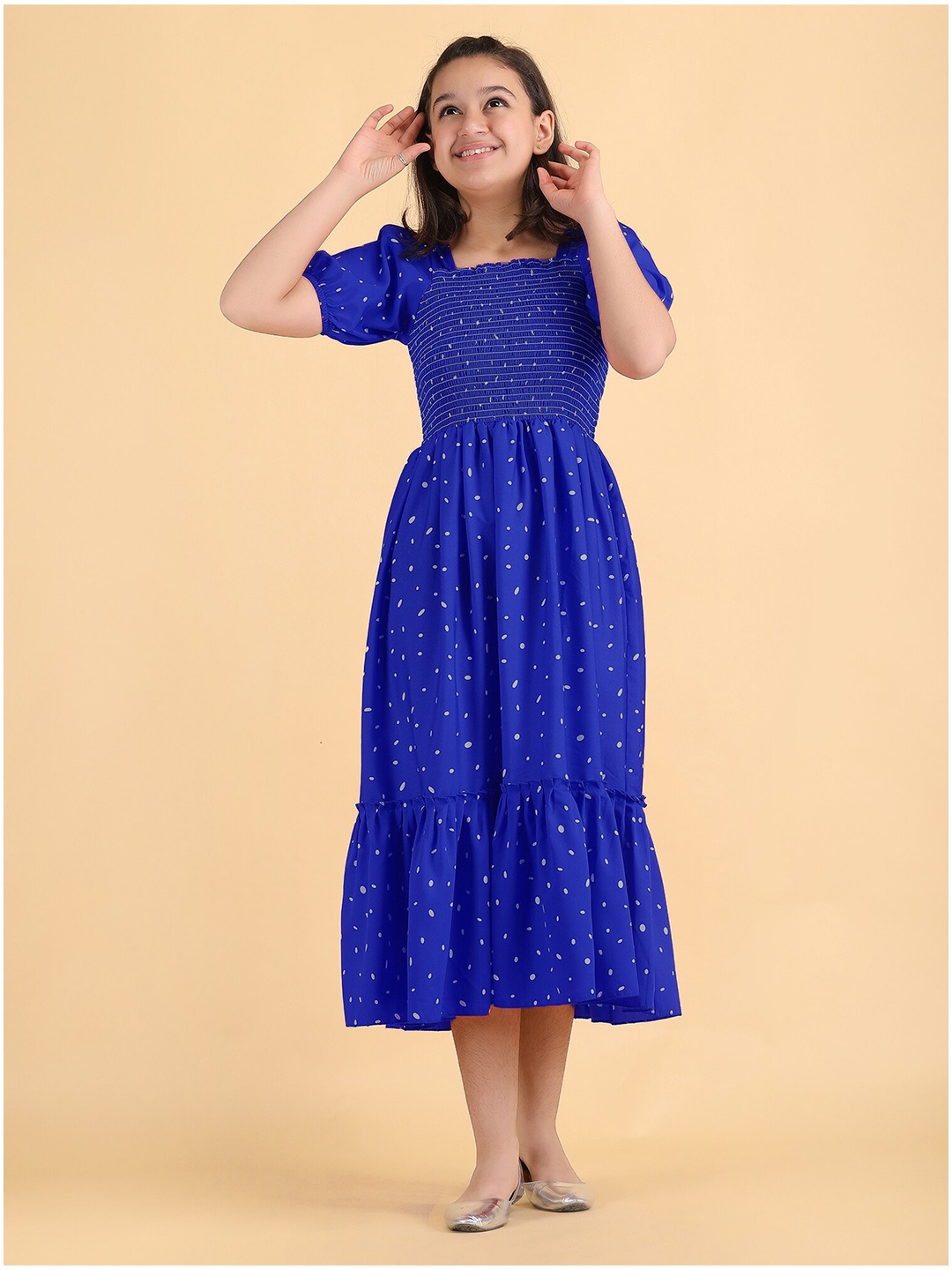 

DEKLOOK Girls Geometric Printed Puff Sleeve Crepe Fit & Flare Midi Dress, Blue
