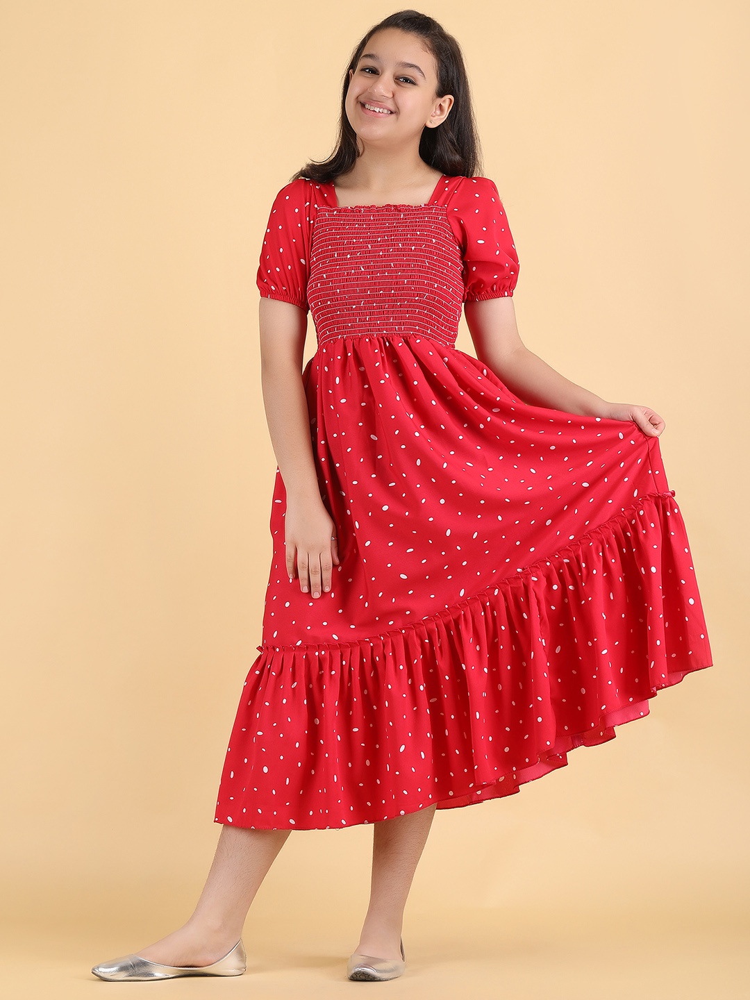 

DEKLOOK Girls Geometric Printed Smocked Crepe Fit & Flare Dress, Red
