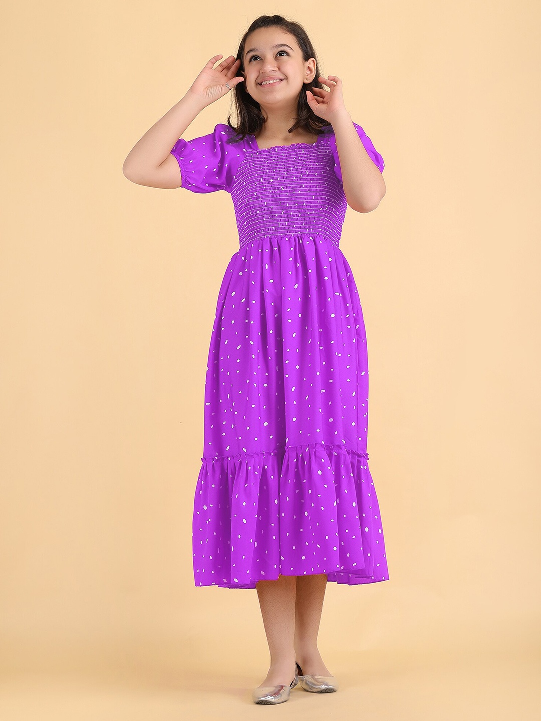 

DEKLOOK Girls Geometric Printed Smocked Crepe Fit & Flare Dress, Purple