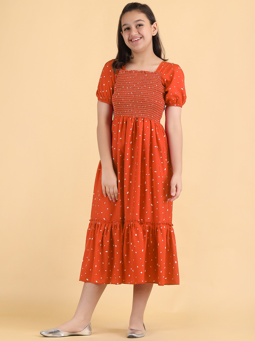 

DEKLOOK Girl Floral Printed Round Neck Puff Sleeve Crepe Formal A-Line Midi Dress, Orange