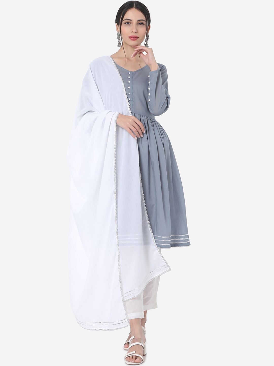 

KALINI Empire Gotta Patti A-Line Kurta with Trousers & With Dupatta, Grey