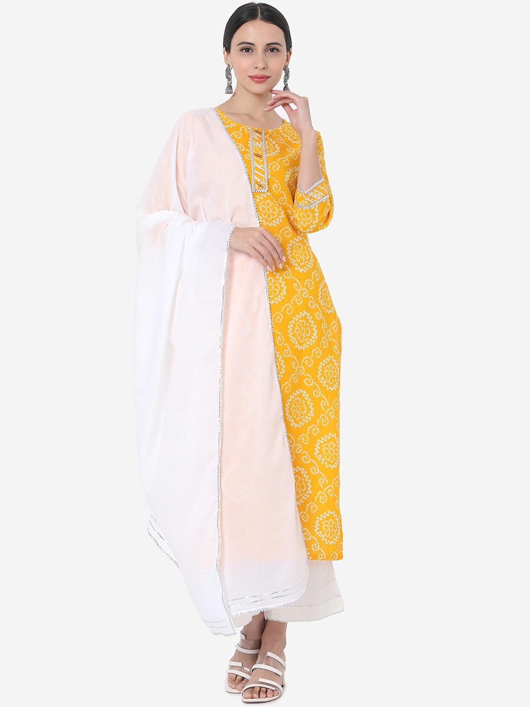 

KALINI Women Bandhani Printed Regular Gotta Patti Kurta with Trousers & With Dupatta, Yellow