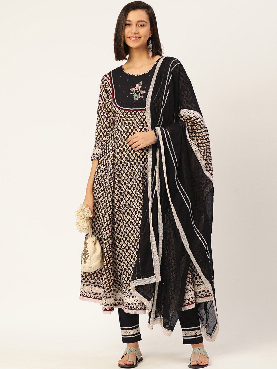 

KALINI Ethnic Motifs Printed Regular Thread Work Kurta With Trousers & Dupatta, Beige