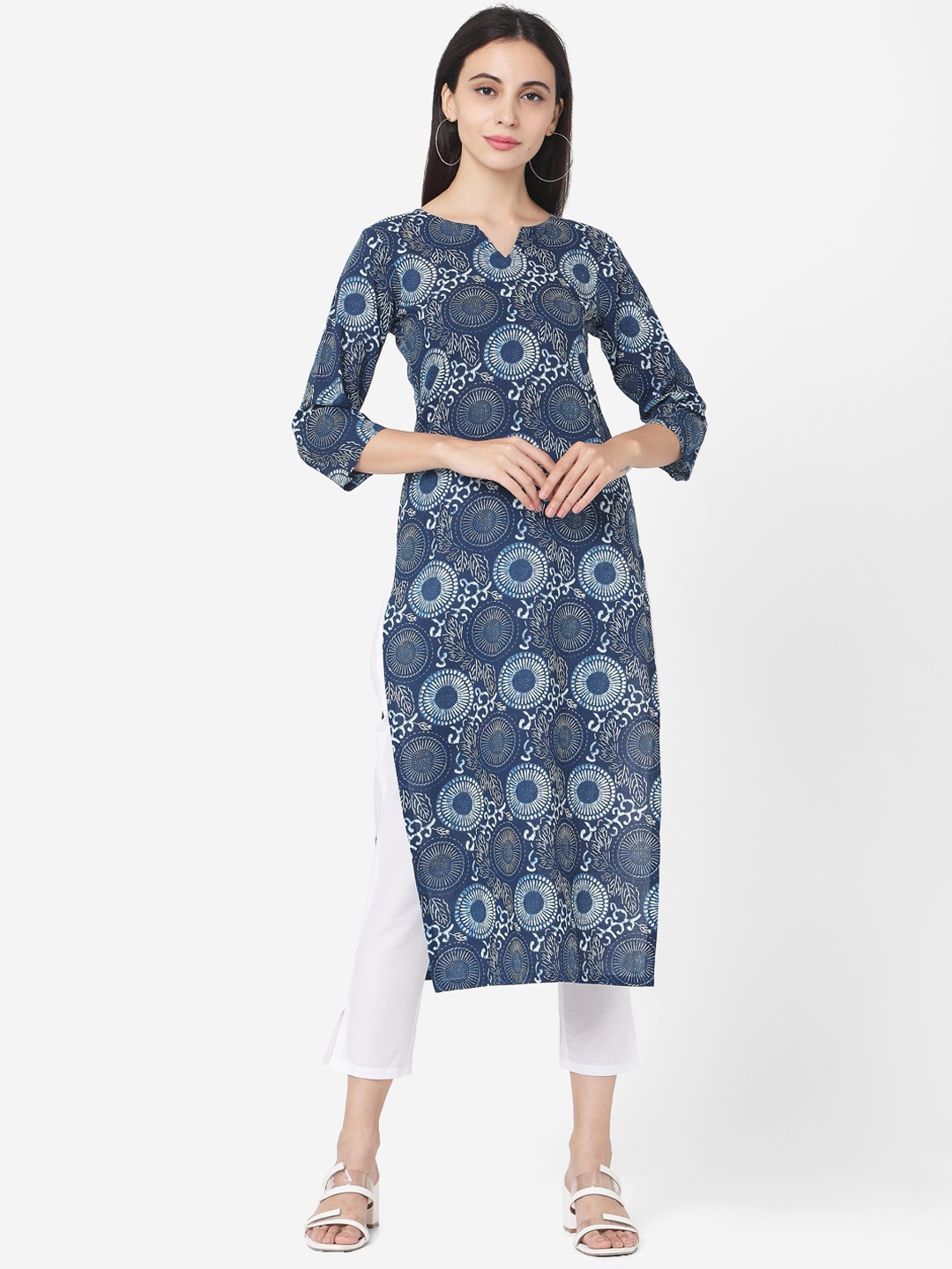 

KALINI Women Ethnic Motifs Printed Regular Kurta with Trousers, Navy blue