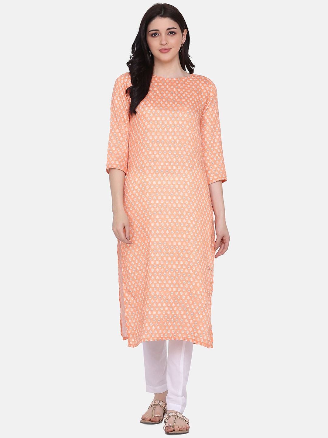 

KALINI Ethnic Motifs Printed Straight Kurta with Trousers, Orange