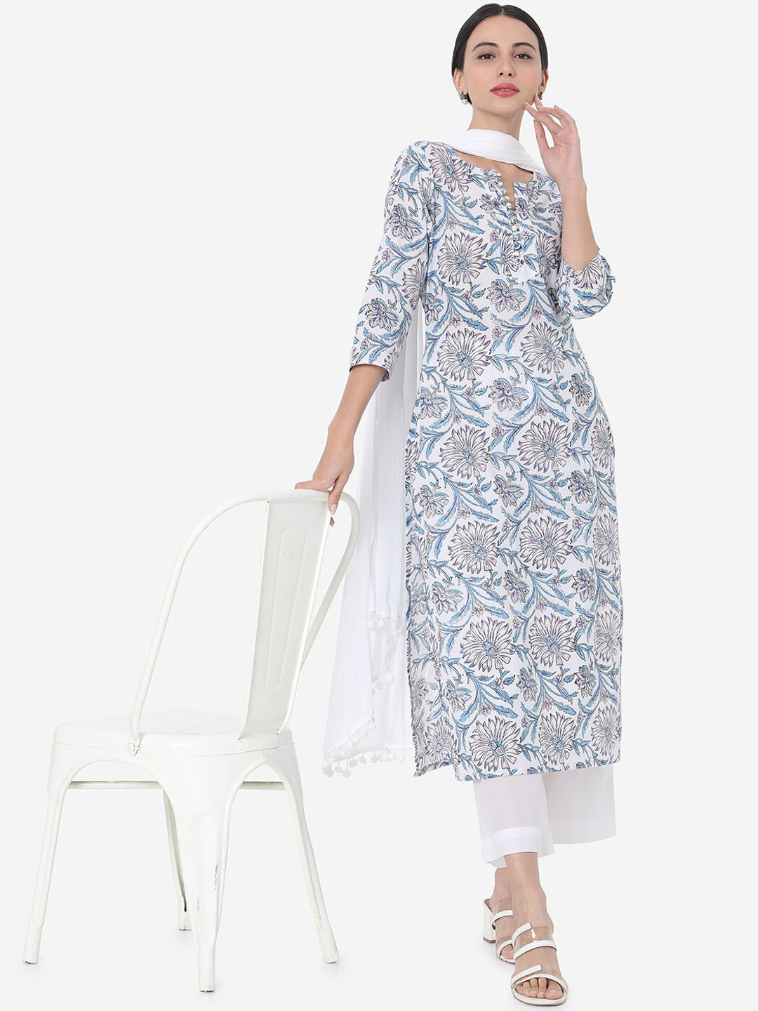 

KALINI Floral Printed Regular Pure Cotton Kurta With Trousers & Dupatta, White