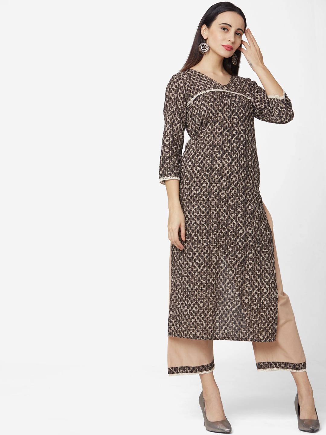 

KALINI Floral Printed Kurta with Trousers, Brown