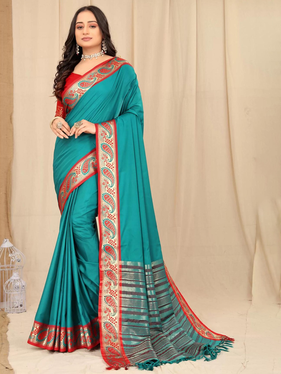 

Fospy Silk Cotton Banarasi Saree, Teal