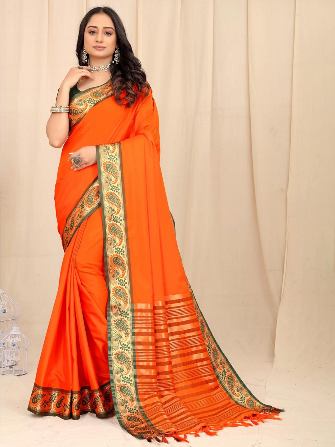 

Fospy Ethnic Motifs Zari Silk Cotton Banarasi Saree, Orange