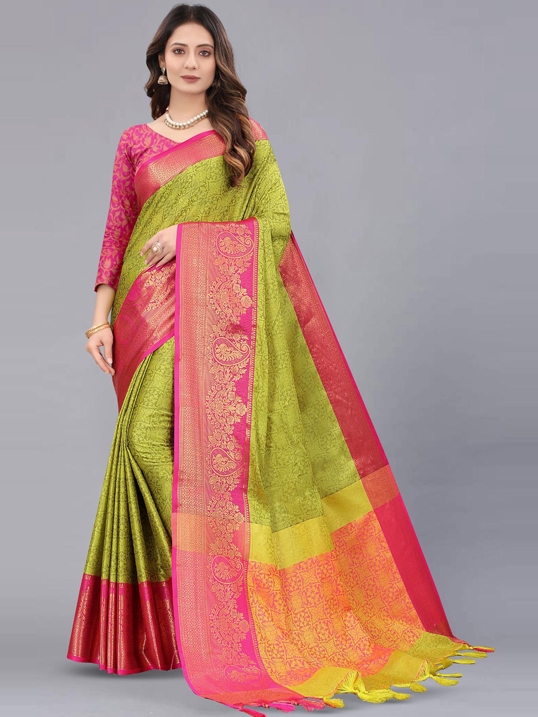 

Fospy Ethnic Motifs Zari Silk Cotton Banarasi Saree, Sea green