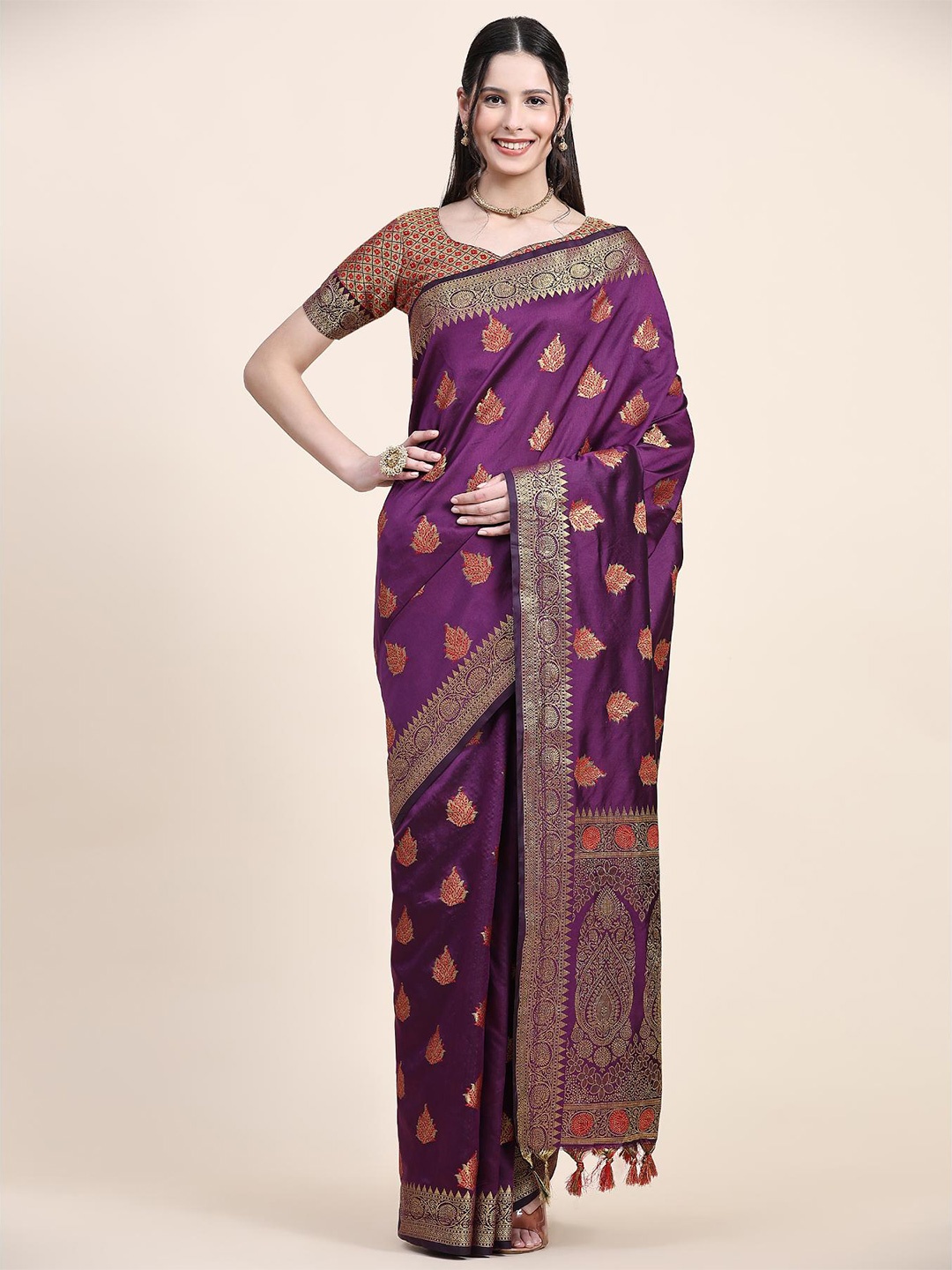 

Fospy Woven Design Zari Silk Blend Banarasi Saree, Purple