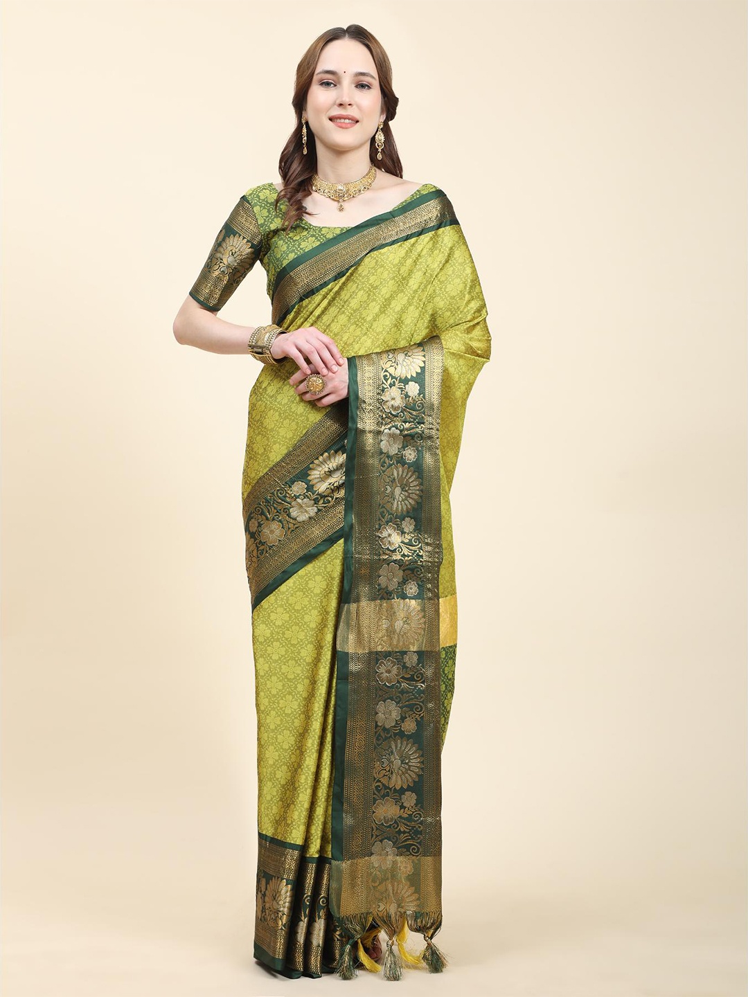 

Fospy Woven Design Zari Silk Cotton Banarasi Saree, Sea green