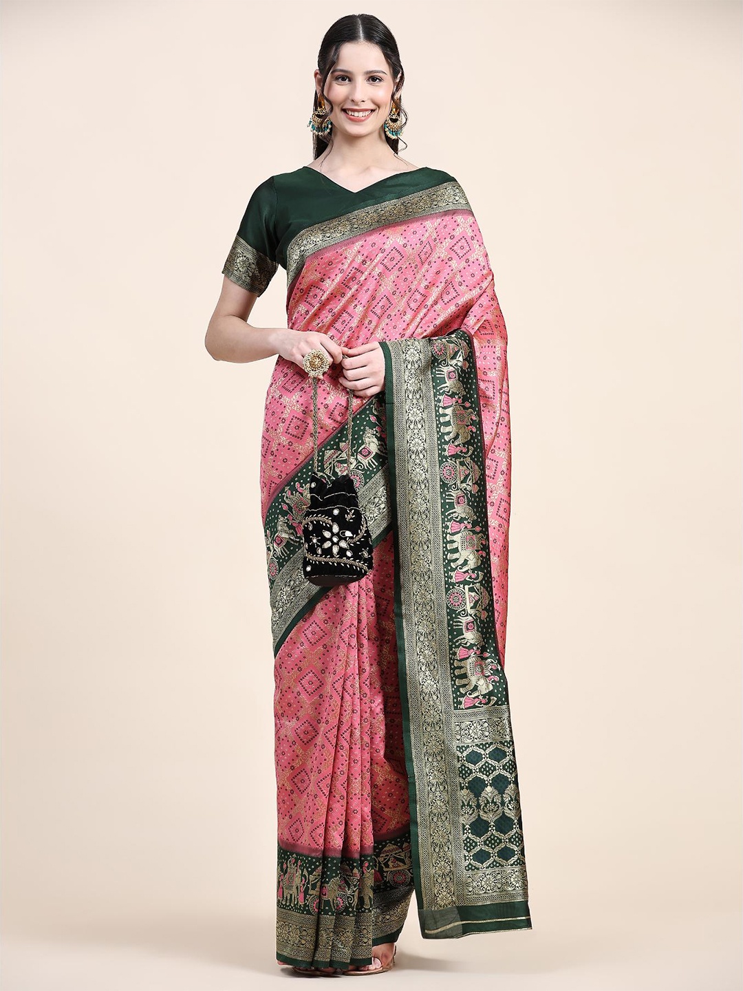 

Fospy Bandhani Zari Pure Silk Banarasi Saree, Pink