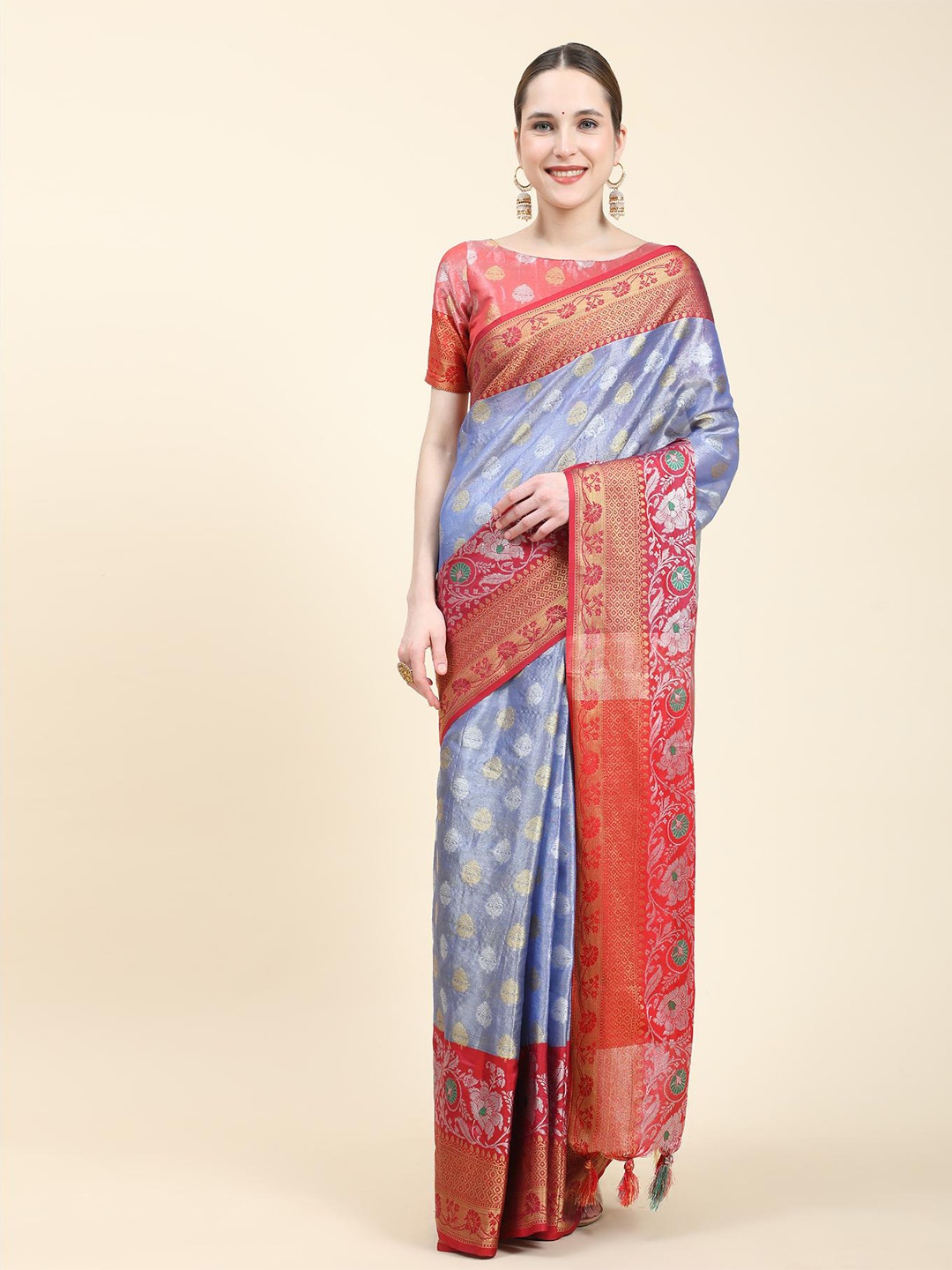 

Fospy Ethnic Motifs Woven Design Zari Organza Banarasi Saree, Blue