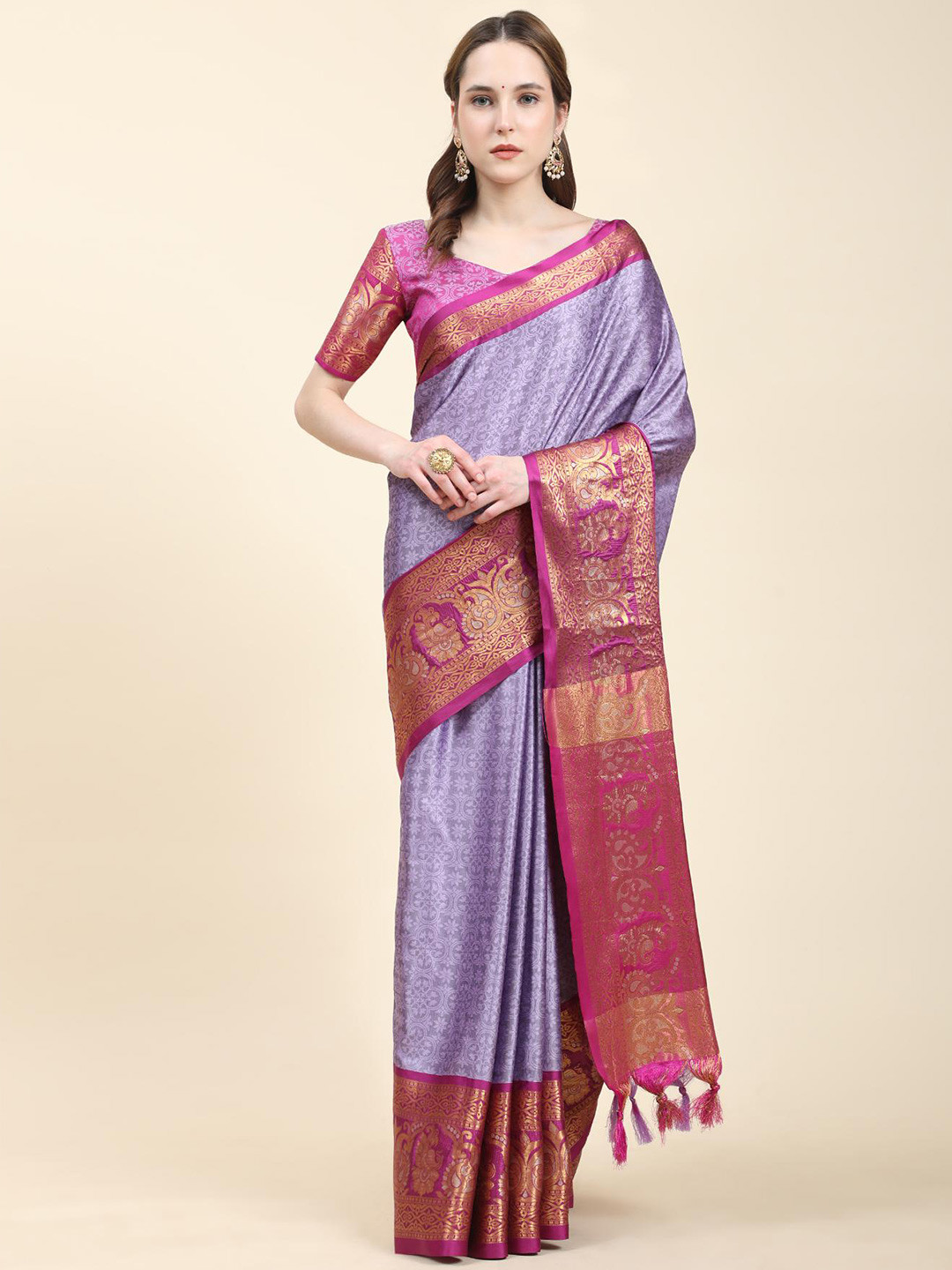 

Fospy Ethnic Motifs Zari Silk Cotton Banarasi Saree, Purple