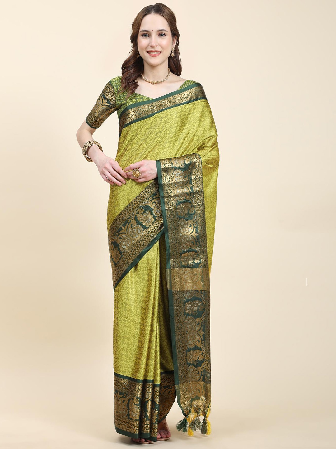 

Fospy Ethnic Motifs Zari Silk Cotton Banarasi Saree, Green