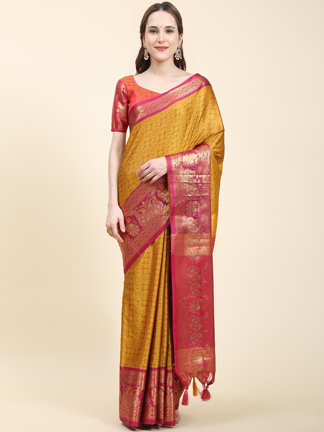 

Fospy Ethnic Motifs Woven Design Zari Silk Cotton Banarasi Saree, Yellow