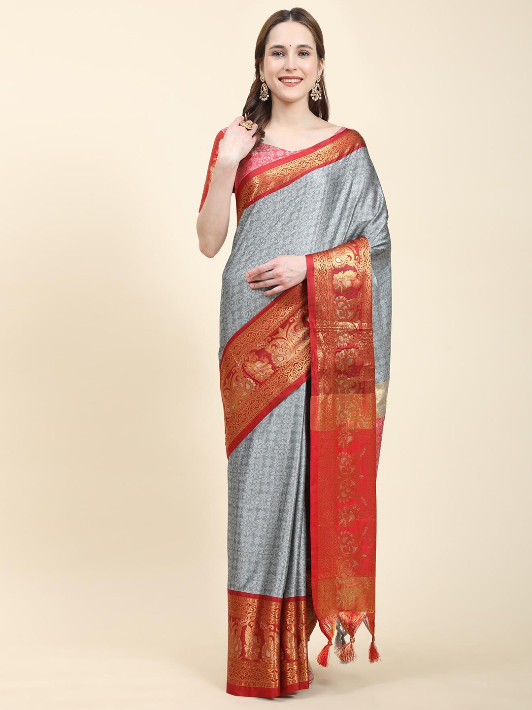 

Fospy Ethnic Motifs Woven Design Zari Silk Cotton Banarasi Saree, Grey