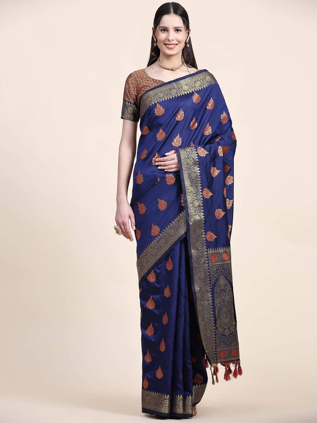 

Fospy Woven Design Zari Silk Blend Banarasi Saree, Navy blue