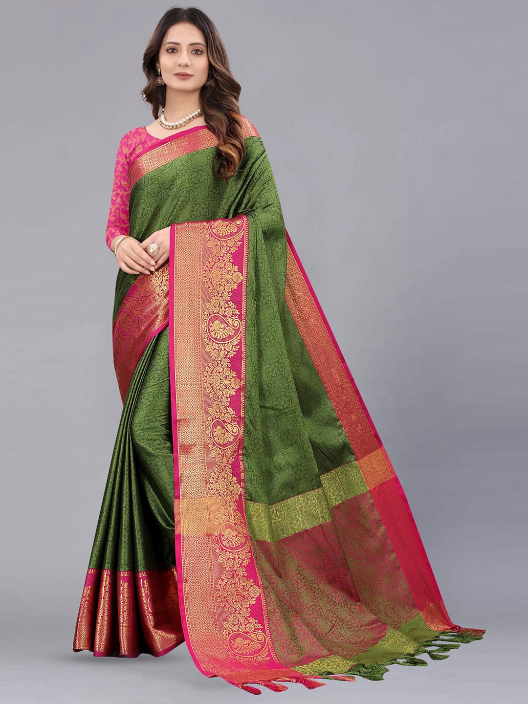 

Fospy Ethnic Motifs Woven Design Zari Silk Cotton Banarasi Saree, Green