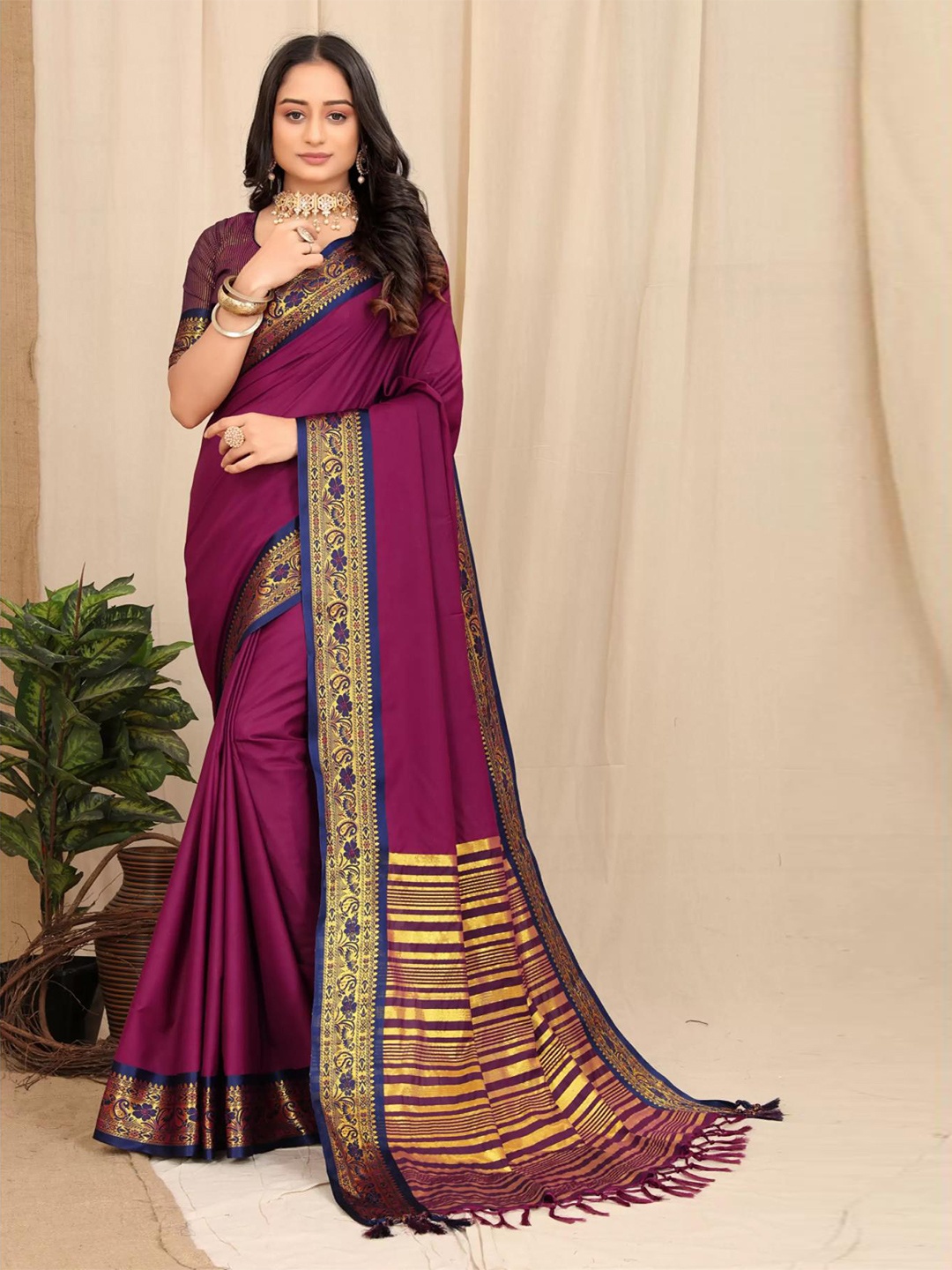 

Fospy Woven Design Zari Silk Cotton Banarasi Saree, Purple