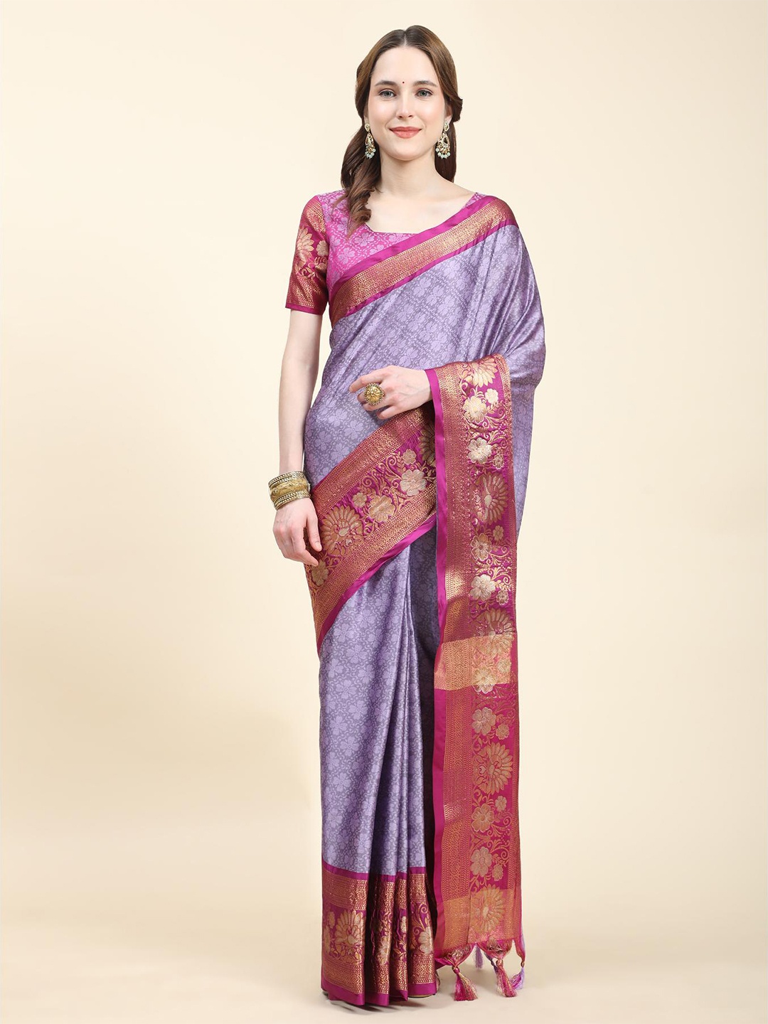 

Fospy Floral Zari Silk Cotton Banarasi Saree, Purple