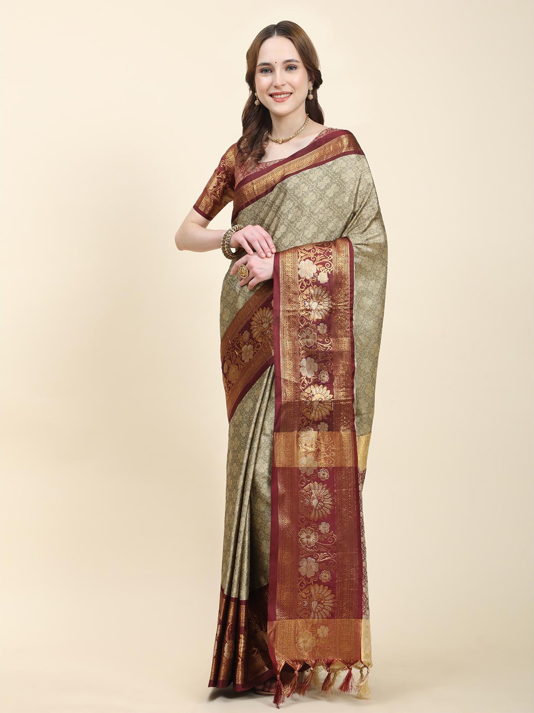 

Fospy Ethnic Motifs Woven Design Zari Cotton Silk Banarasi Saree, Cream