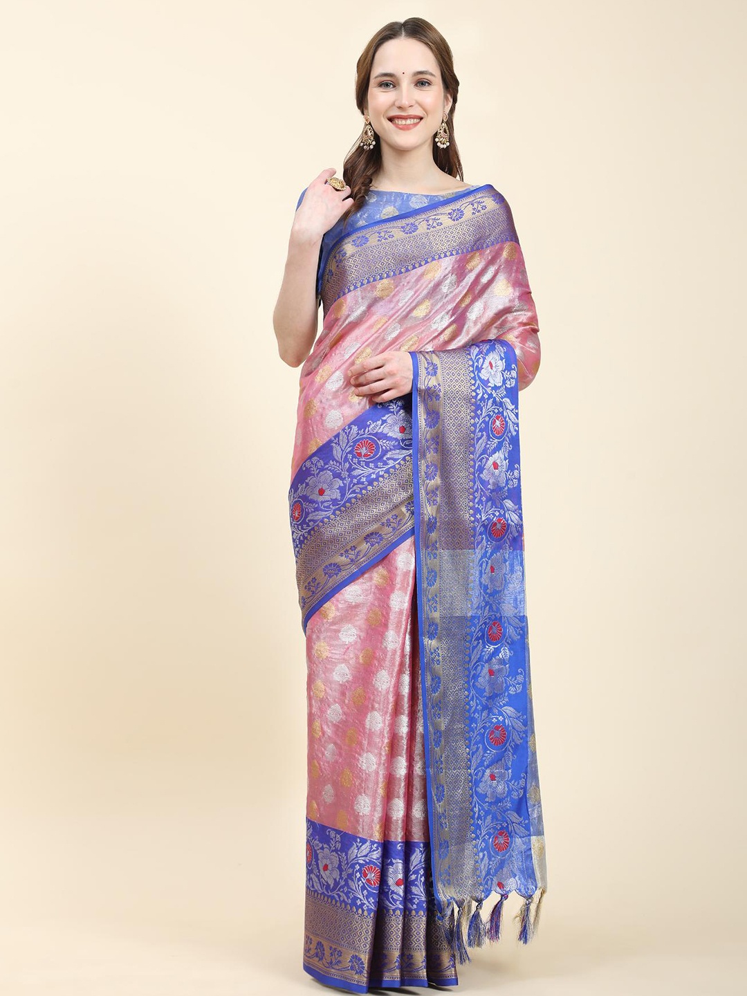 

Fospy Ethnic Motifs Zari Organza Banarasi Saree, Pink