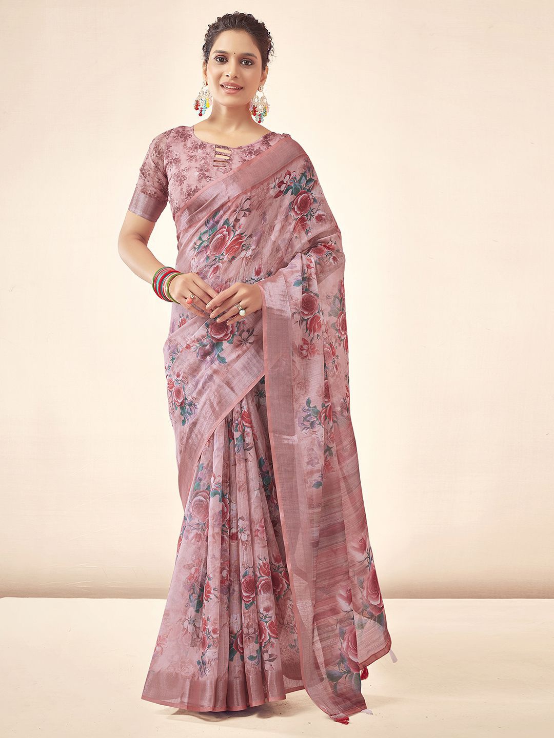 

KALINI Floral Zari Sungudi Saree, Pink