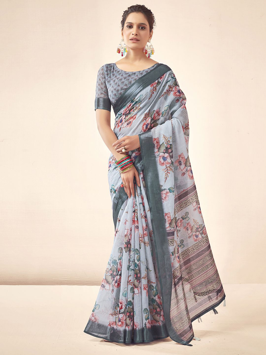 

KALINI Floral Zari Sungudi Saree, Grey
