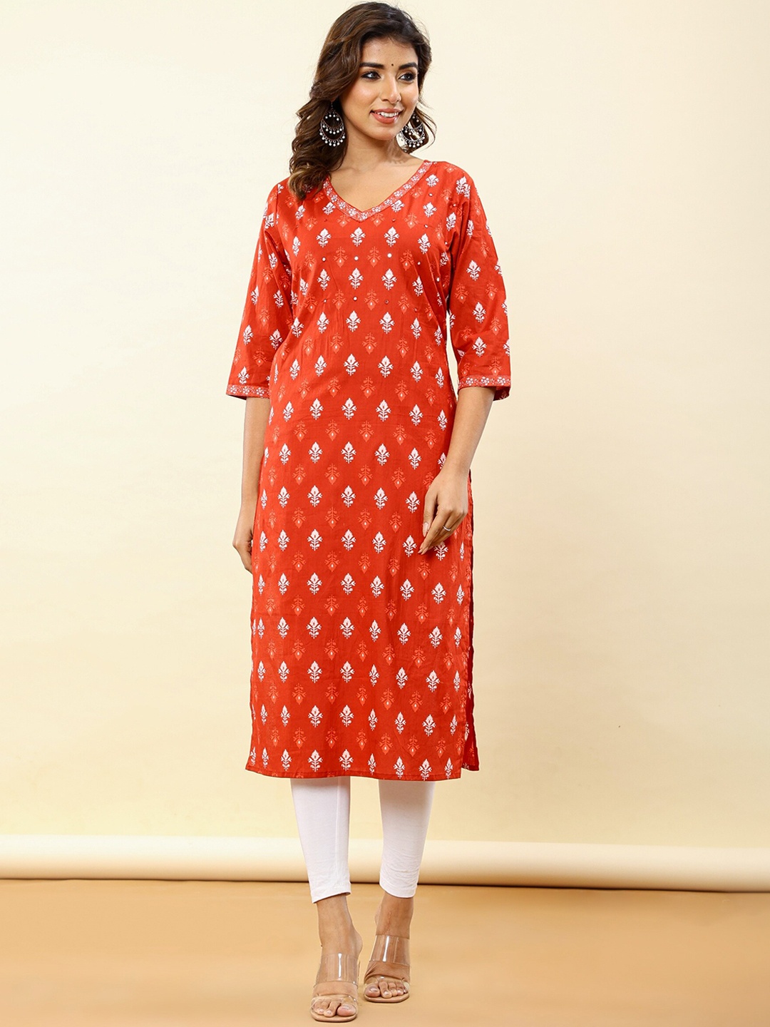 

INDYES Ethnic Motifs Printed Mirror Work Pure Cotton Straight Kurta, Red