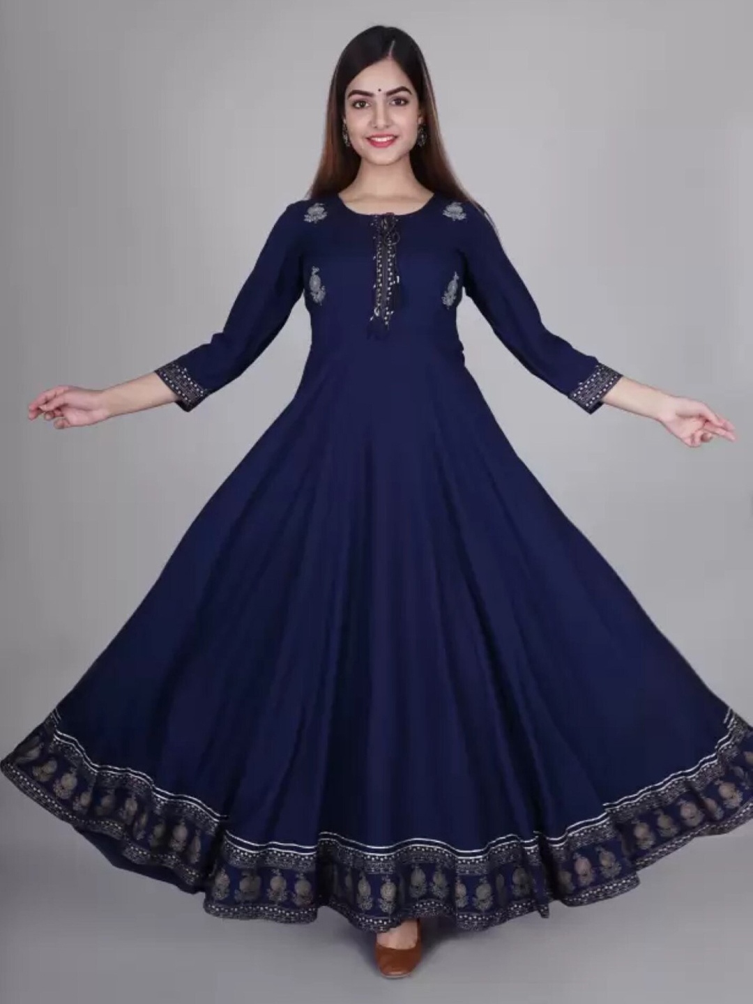 

VYKOO Ethnic Motifs Printed Tie-Up Neck Anarkali Dress, Blue