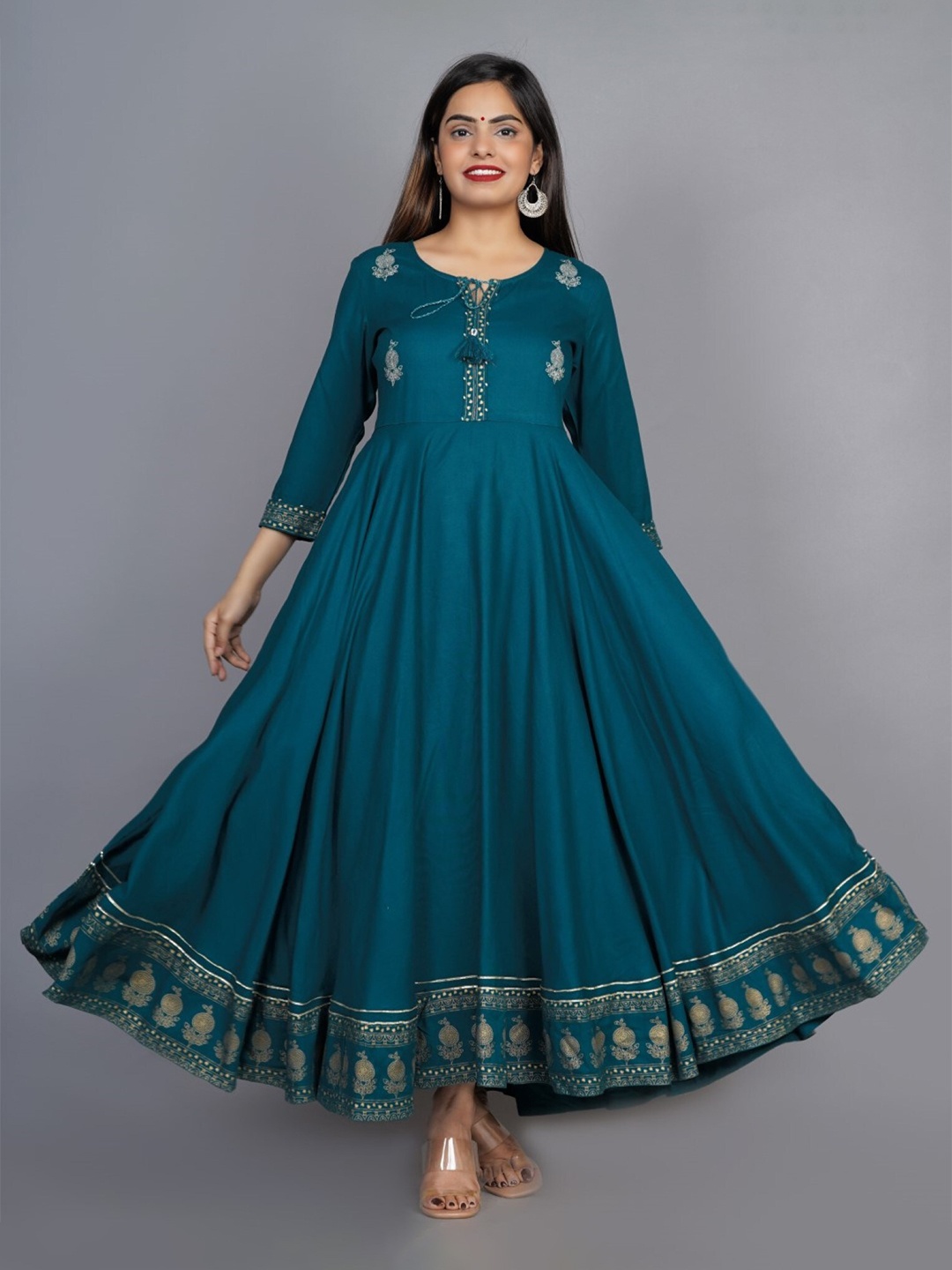

VYKOO Ethnic Motifs Printed Tie-Up Neck Anarkali Dress, Teal