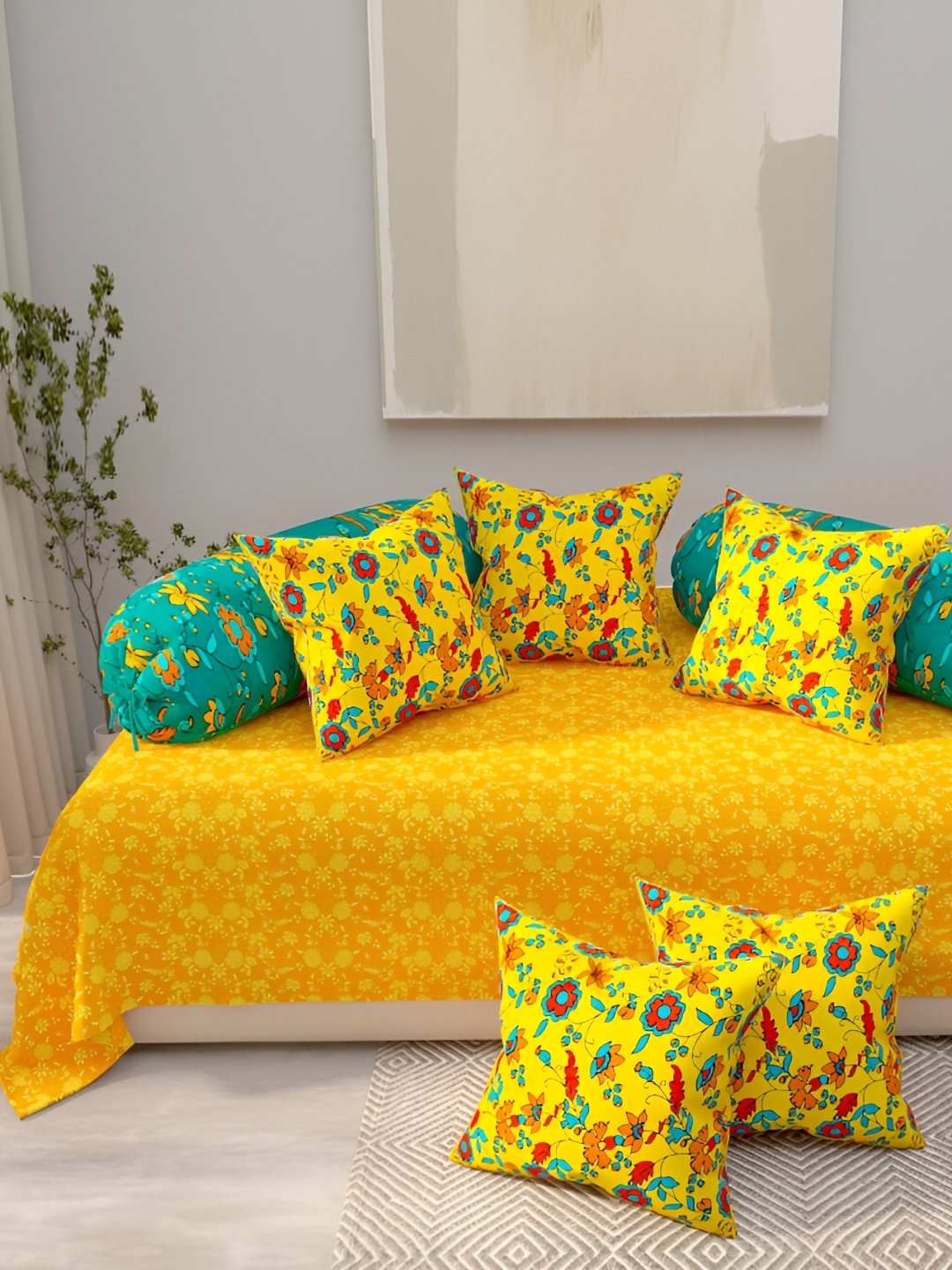 

Salona Bichona 8 Pieces Yellow Printed Pure Cotton Diwan Set