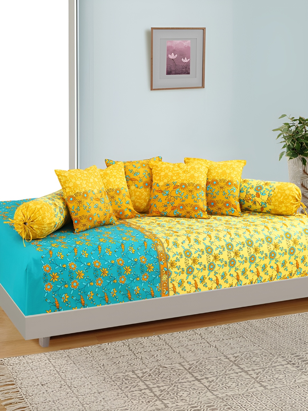 

Salona Bichona 8 Pieces Yellow Printed Pure Cotton Diwan Set, Green