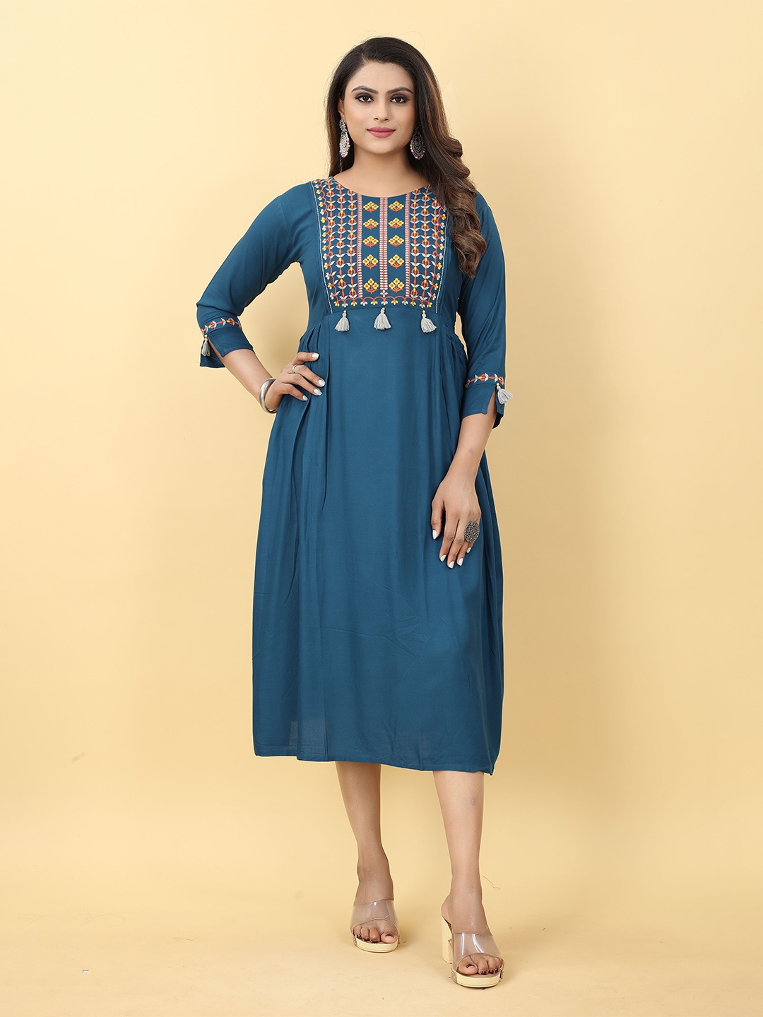 

Hinaya Ethnic Motifs Embroidered Pleated A-Line Ethnic Dress, Blue