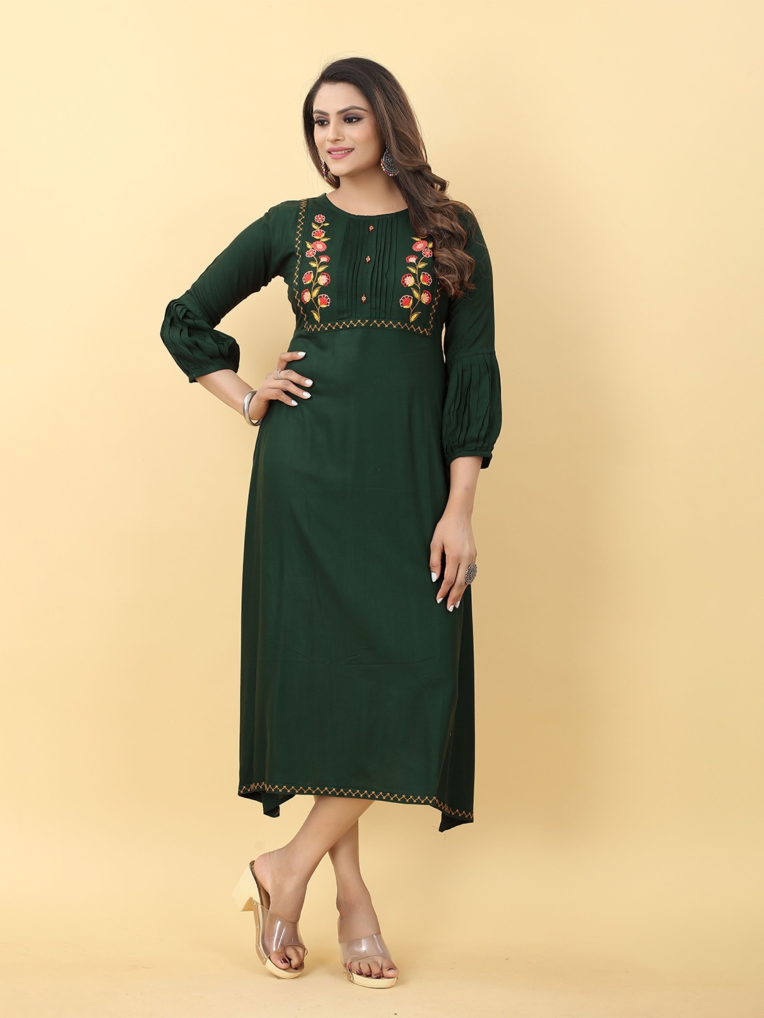 

Hinaya Embroidered Puff Sleeves A-Line Midi Ethnic Dress, Green