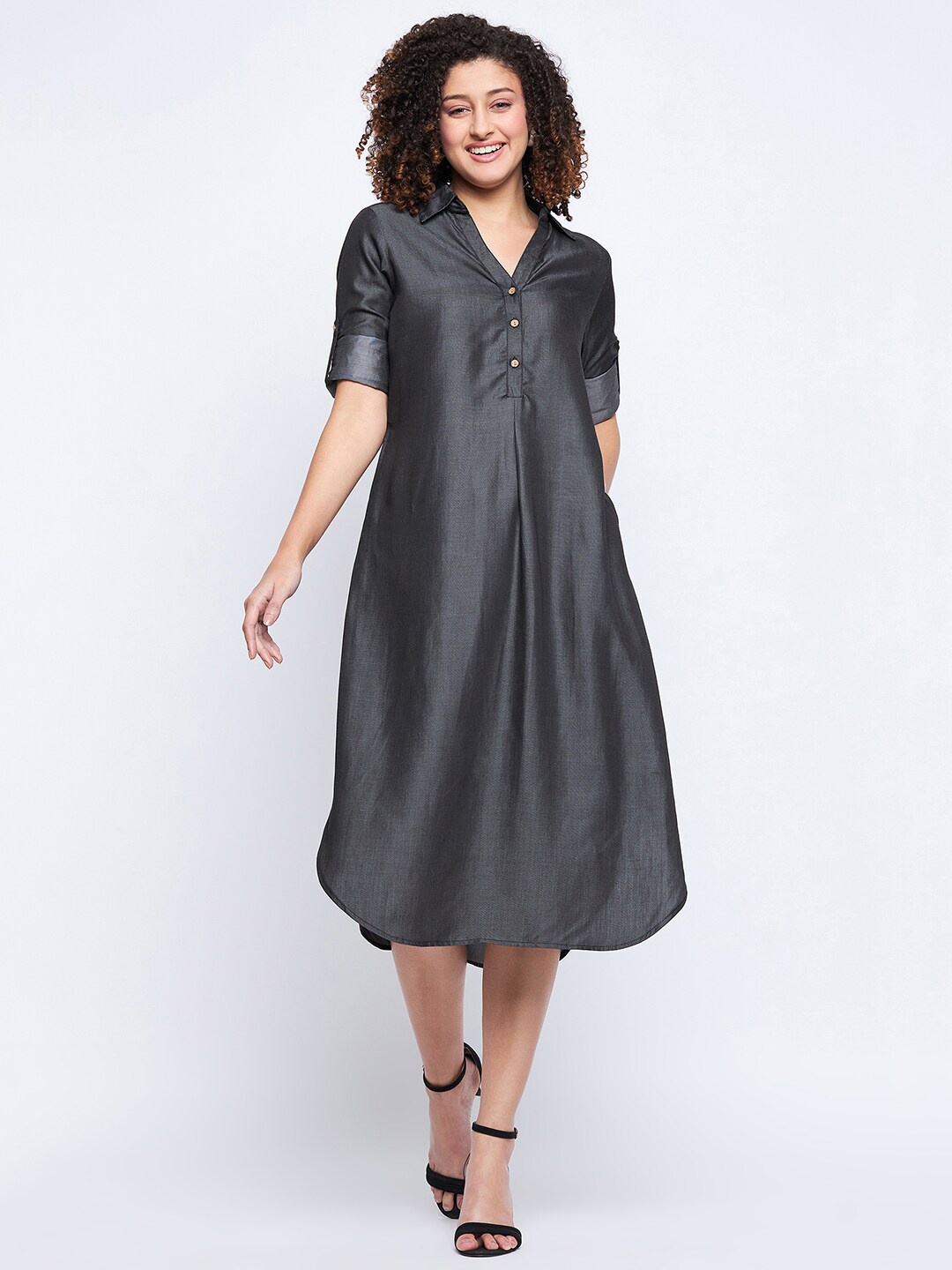 

BAESD Shirt Collar Cotton Denim A-Line Midi Dress, Charcoal