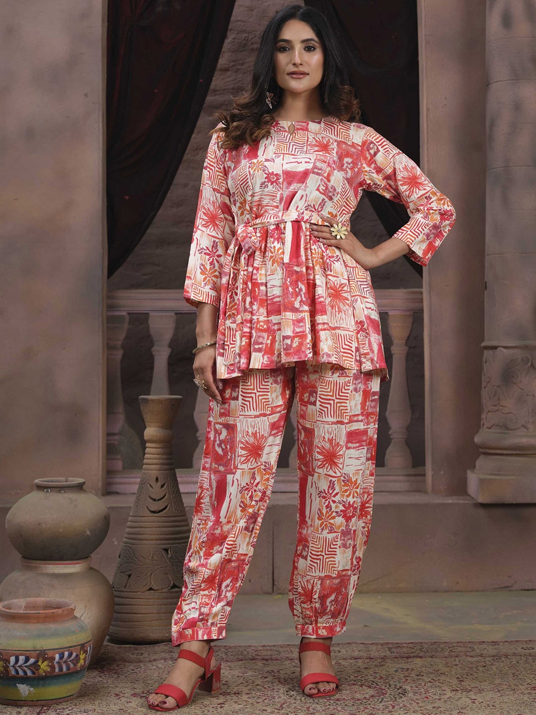 

KALINI Ethnic Motif Printed Key Hole Neck Peplum Top With Trousers, Pink