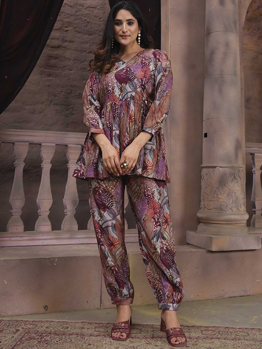 

KALINI Chanderi Printed Peplum Top With Trousers, Purple