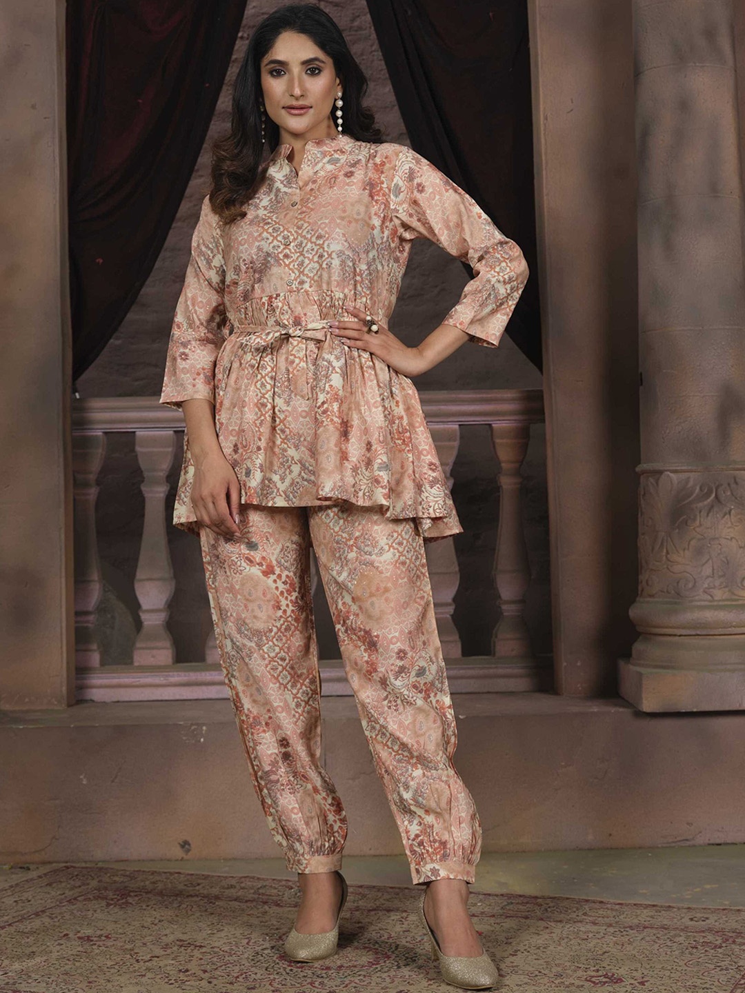 

KALINI Floral Printed Peplum Top With Trousers, Peach