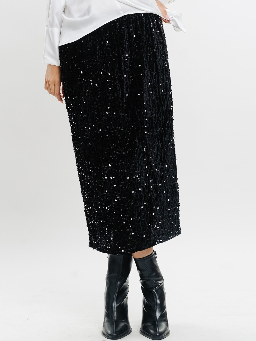 

FREAKINS Embellished Pure Cotton Straight Midi Skirt, Black