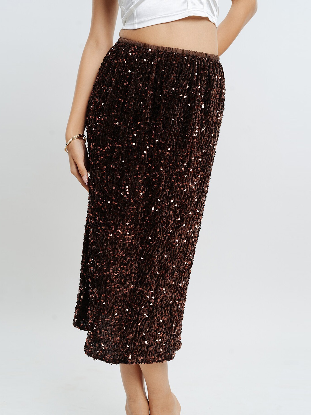 

FREAKINS Embellished Pure Cotton Straight Midi Skirt, Brown