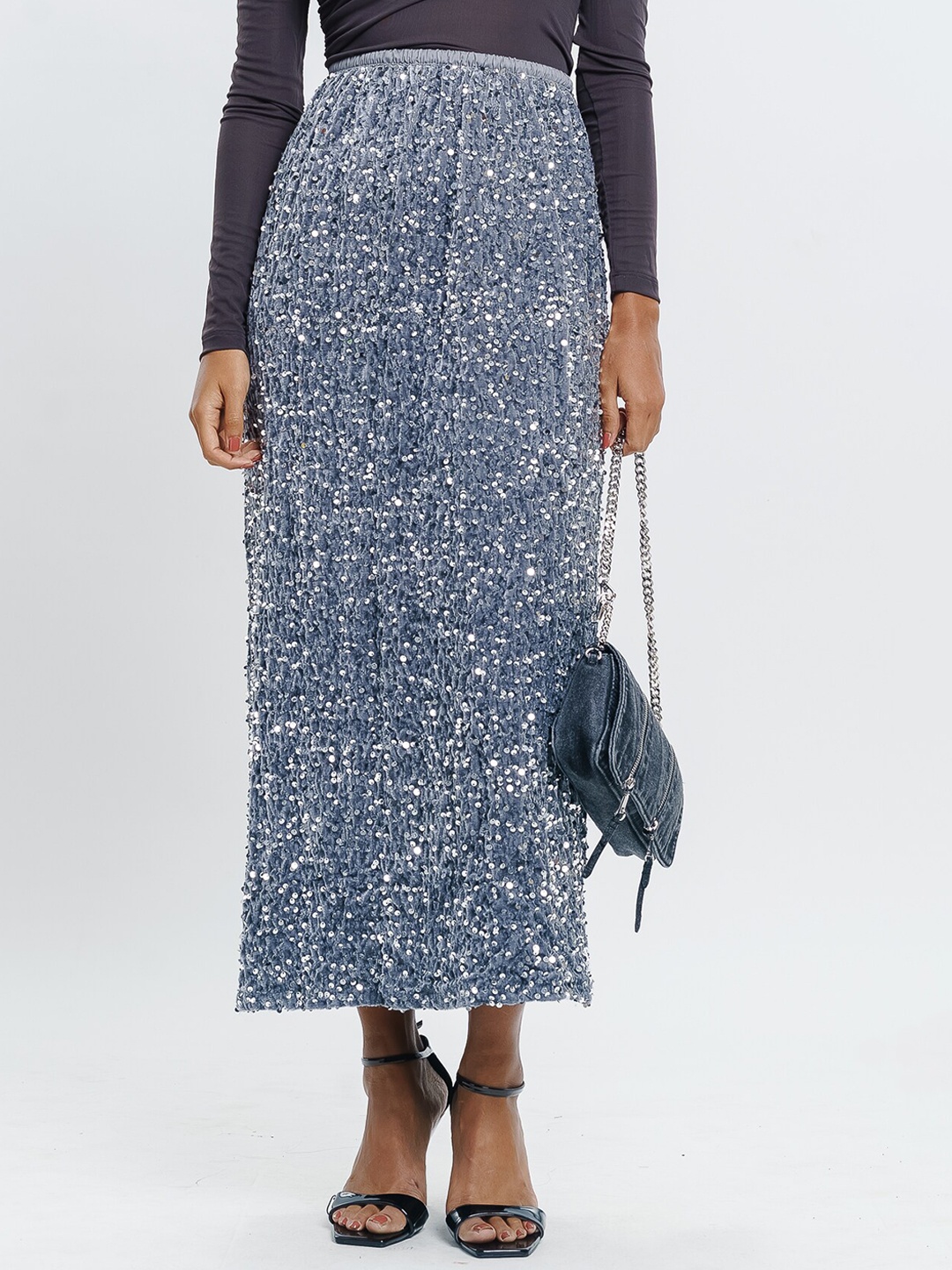 

FREAKINS Embellished Pure Cotton Straight Maxi Skirts, Blue