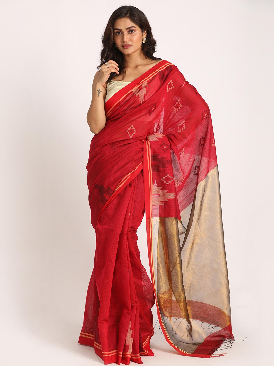 

Angoshobha Ethnic Motifs Woven Design Jamdani Saree, Red