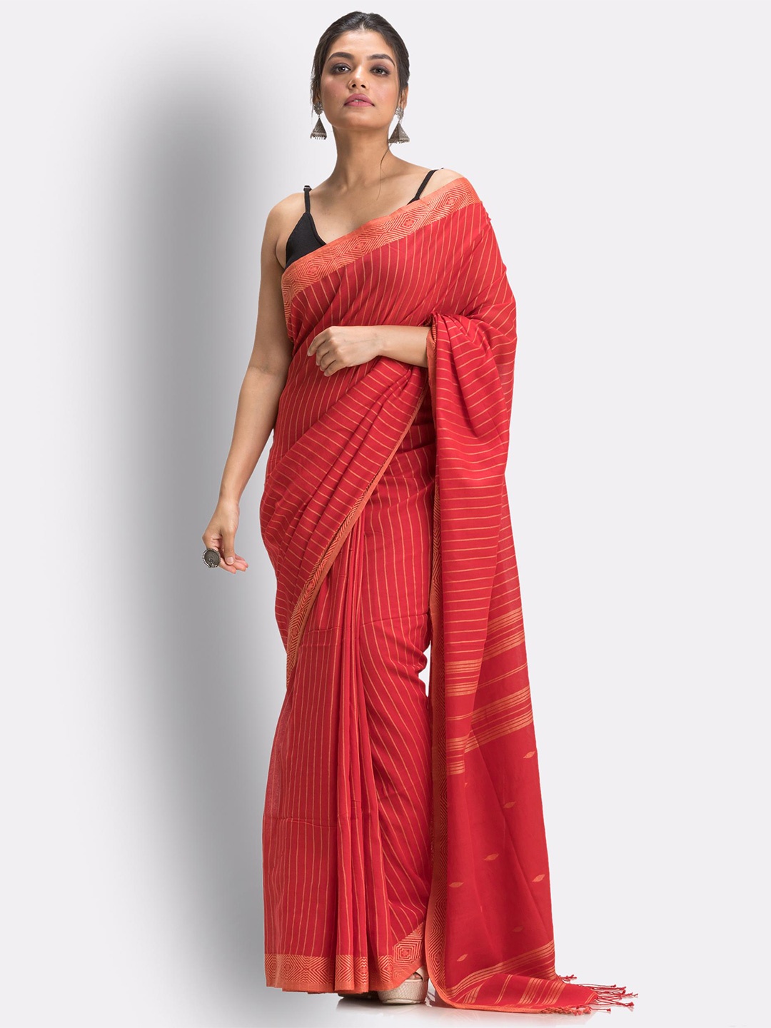 

Angoshobha Striped Zari Pure Cotton Saree, Red